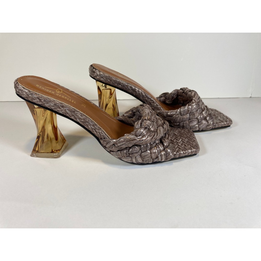 Geriger Gegallel Woven Braided Mule Sandals Square Toe Lucite Heel Taupe EU 39